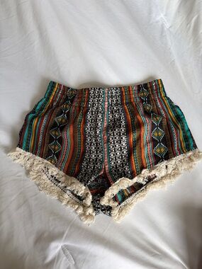 Women’s Multicolor Striped Athletic Shorts with Fringe Trim